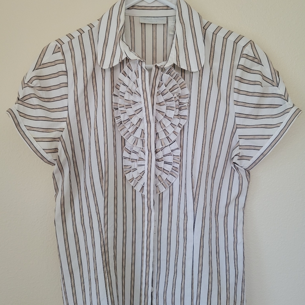Adorable Career Blouse M short sleeve, Ruffle Front white w/gold and black